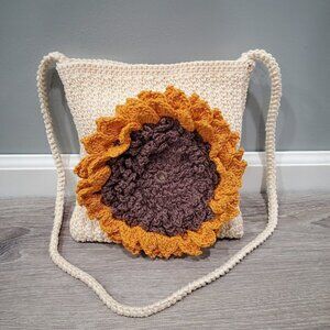 Handmade Crocheted Sunflower Crossbody Bag Boho Large Flower Cream Yellow Brown
